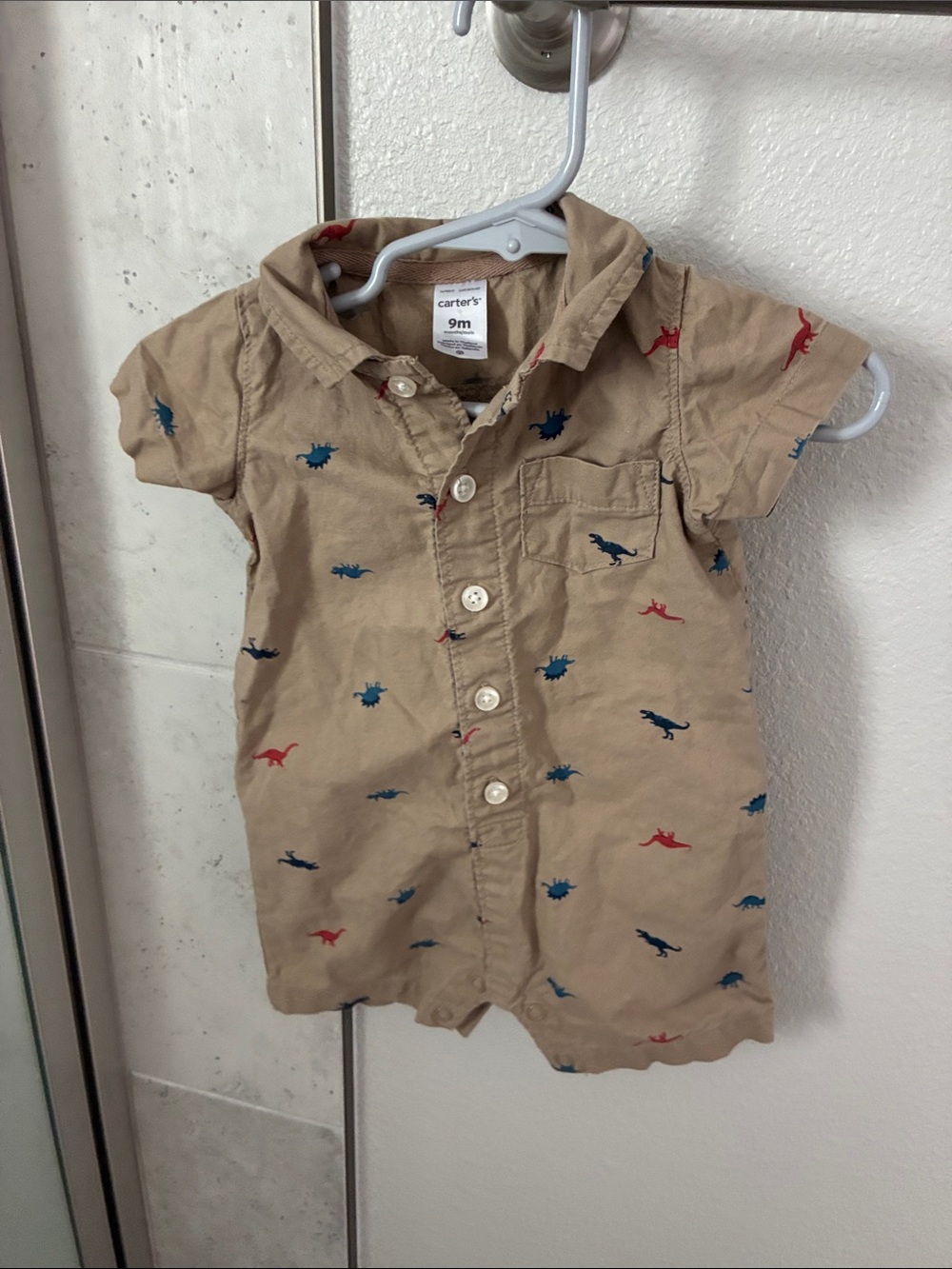 Carter's Tan Short-Sleeve Dino Button Romper with Red & Blue Prints